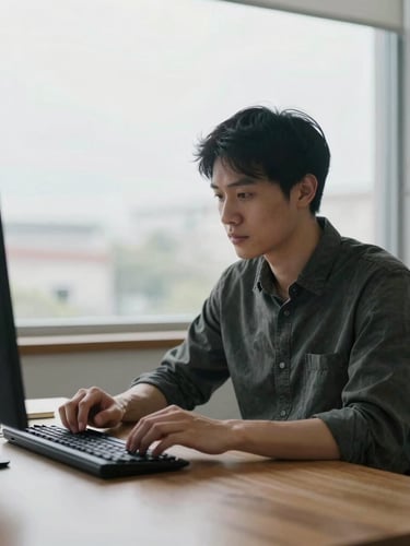Environmental portrait of an editor writing at a wooden desk, natural overcast light from a large window, high contrast, desaturated realistic tones, 35mm documentary style