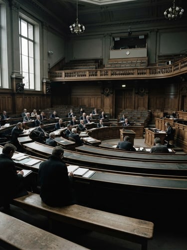 Wide environmental photojournalism, a quiet European legislative chamber under overcast natural light, desaturated realistic tones, high contrast, 35mm documentary style