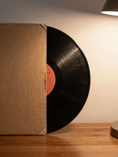 Close-up of a vinyl record half-sleeved out of a worn cardboard album jacket on a wooden surface, warm tungsten lamp light from the right casting a long shadow, slightly desaturated film-stock palette, no text visible
