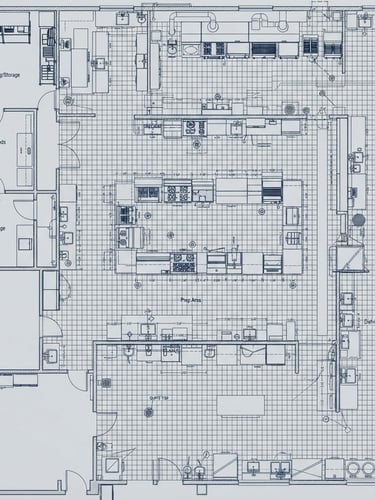 Crisp architectural overhead CAD layout of a commercial kitchen, sharp blueprint lines, technical drafting detail, 35mm