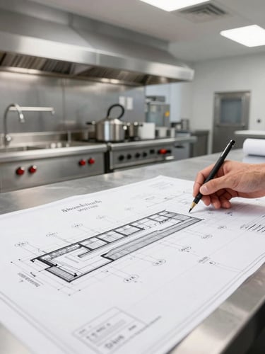 A professional food service designer in a bright Maryland office reviewing a large-format printed blueprint layout of a commercial kitchen prep line, 35mm.