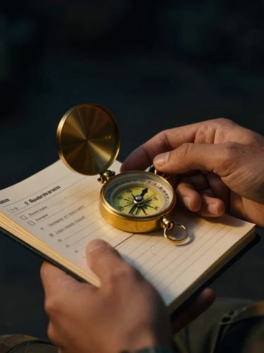 Close-up on hands holding a compass and a tactical mission journal, warm amber accent glow, cinematic dramatic photography, 50mm lens.