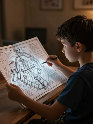 A determined child looking at a glowing tactical blueprint map in a low-key lit room with warm amber accents, cinematic dramatic photography