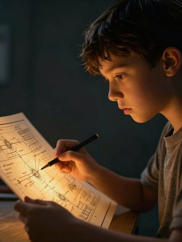 Dramatic low-angle heroic shot of a determined child analyzing a technical schematic under amber accent glows, sharp focus, cinematic lighting