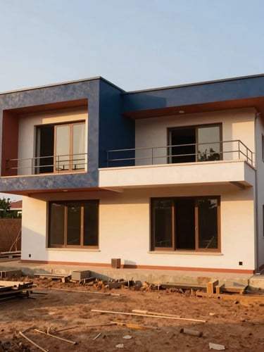Warm architectural photography, a modern villa construction site in Côte d'Ivoire under bright natural golden-hour sunlight, sharp focus, 35mm