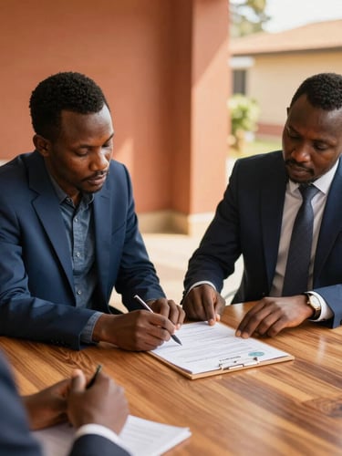 Warm architectural photography, a professional client meeting in Côte d'Ivoire reviewing official land deeds on a wooden table, bright natural golden-hour sunlight, sharp focus, 35mm