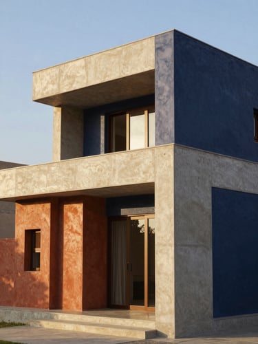 Warm architectural photography of a modern West African villa under bright golden-hour sunlight, clean concrete lines, terracotta clay accents, sharp focus, 35mm.