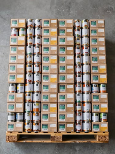 Overhead flat-lay of a warehouse pallet loaded with uniformly stacked canned goods and boxed packaged products, labels facing outward in perfect alignment, bright studio lighting, no shadows, clean concrete floor visible at edges, tight organized composition