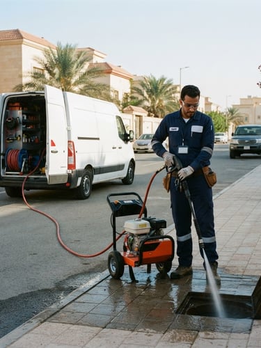 A professional technician in a clean navy uniform operating a high-tech hydro-jetting machine next to a modern branded service van parked in a clean Riyadh residential street, bright morning daylight, high contrast, 35mm.