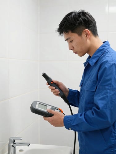 A professional technician in a clean blue uniform using a modern pipe camera diagnostic device in a bright, clean, restored tiled bathroom, focus on the high-tech equipment, daylight, 35mm.