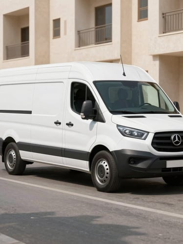 Bright professional photography of a modern, branded white service van parked in a clean Riyadh residential street during crisp daylight, a professional technician standing beside it, high contrast, 35mm
