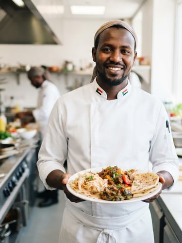 Bright high-key food photography, a Sudanese chef smiling in a modern clean restaurant kitchen presenting a delicious dish, daylight, vibrant colors, shallow depth of field, modern editorial