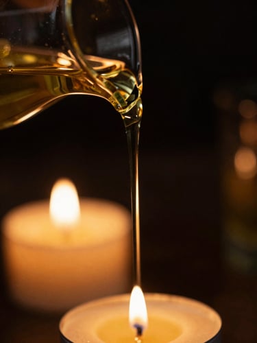 Macro detail of warm golden oil dripping from a glass vessel, dark obsidian background, soft candlelight glow, cinematic 35mm photography