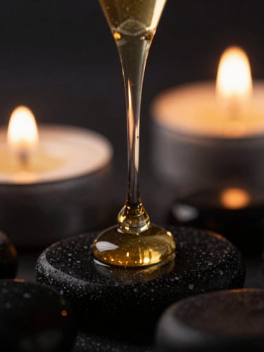 Macro detail of warm champagne gold essential oil dripping onto basalt stones, dark obsidian background, dramatic candle light, 35mm photography