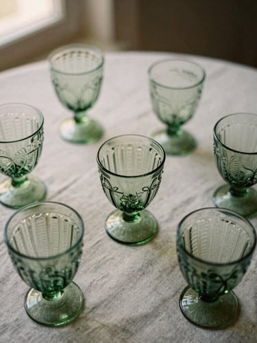 Overhead flat-lay of vintage green glassware catching soft overcast daylight on a coarse linen tablecloth, shallow depth of field, 35mm film style