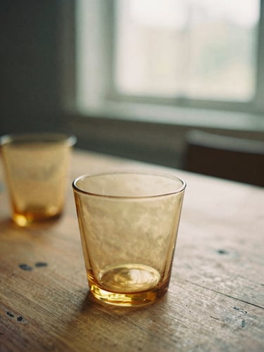 Close-up of vintage amber glassware catching soft golden-hour window light on a rustic wooden table, shallow depth of field, 35mm film