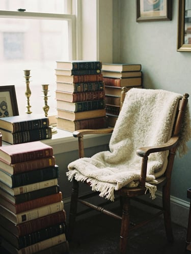 A cozy corner of an old antique shop filled with stacked vintage leather books, weathered brass candlesticks, and a soft wool blanket draped over a rustic wooden chair, warm diffused morning light, 35mm film