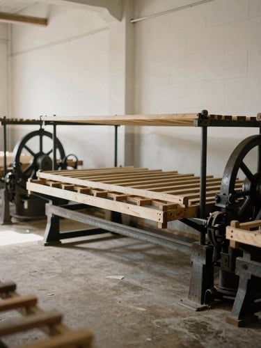 Wide quiet heritage paper mill interior, soft directional daylight illuminating vintage drying racks and heavy iron machinery, muted neutral tones, 35mm