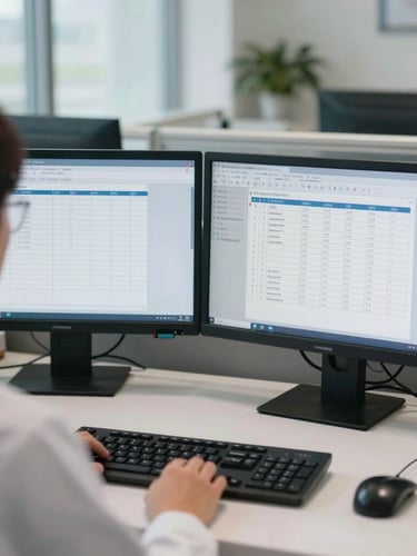 Over-the-shoulder view of a modern healthcare administrative office, dual-monitor workstation displaying clean medical charts, bright daylight-balanced lighting, neutral professional atmosphere.