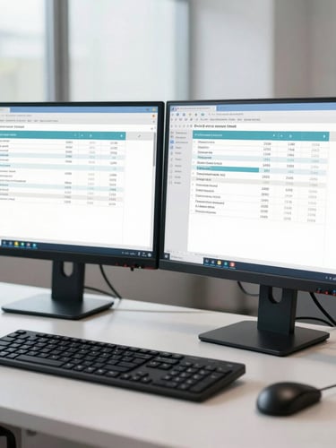 Anonymized medical billing interface on a high-resolution dual-monitor setup, clean desk, bright daylight-balanced office lighting