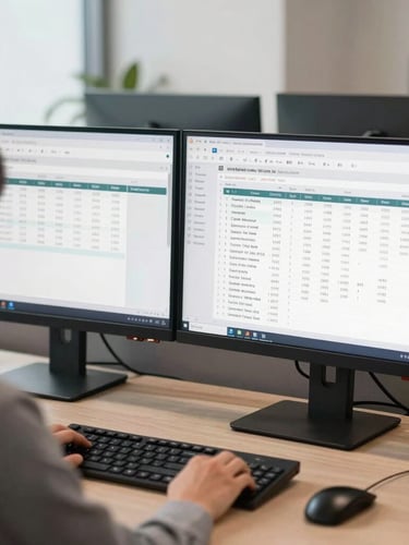 Over-the-shoulder shot of a modern administrative workspace, bright neutral daylight, dual-monitor workstation displaying structured financial software and anonymized billing tables, professional setting.