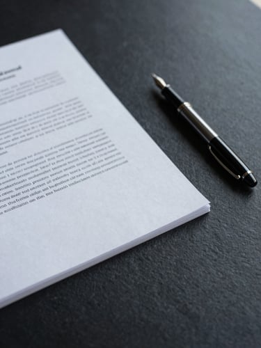Close-up of legal documents and a fountain pen on a dark slate desk, soft diffused office lighting, low saturation, minimalist composition.