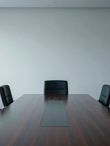 An empty corporate boardroom with a polished dark wood table reflecting soft cool overcast daylight, minimalist architectural style.