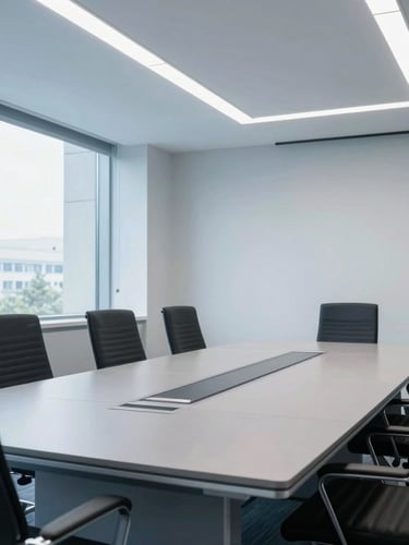 Wide-angle crisp corporate photograph of a modern university administrative boardroom, clean bright daylight, cool blue and slate tones, sharp focus.