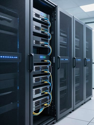 A clean, modern server room with glowing status lights, organized network cabling, sharp focus, cool slate tones.