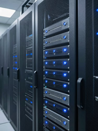 Crisp corporate photography of a modern server room with clean blue status lights, sharp focus, technical precision, cool daylight.