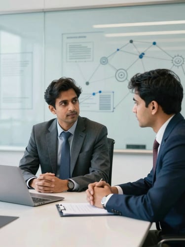 Professional consultation in a bright New Delhi boardroom, clean daylight, network diagrams visible on a glass board, sharp focus.