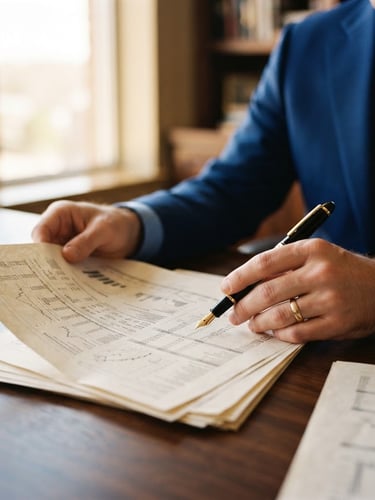 Medium-close shot of hands in a tailored suit reviewing high-end textured financial documents on a dark oak desk, warm natural window light, gold fountain pen visible, shallow depth of field, 35mm photography.