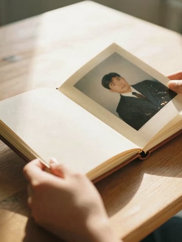 Warm candid photography, soft afternoon sun, hands holding a vintage leather-bound photo album open on a wooden table, nostalgic tones, 35mm film aesthetic, shallow depth of field