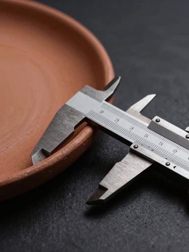 Macro close-up of a custom ceramic plate edge being measured with a caliper, dramatic side-lighting, warm clay and deep charcoal tones, industrial product photography style