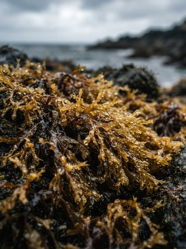 Macro close-up of raw golden sea moss glistening with saltwater on dark coastal rocks, soft moody daylight, 35mm