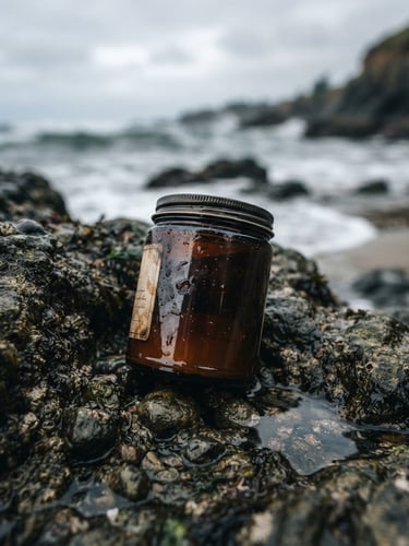 Moody close-up of dark amber glass jar on wet coastal rocks, soft morning daylight, macro depth of field, 35mm