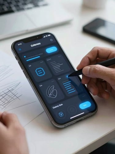 Close-up of a high-fidelity mobile UI design on a dark screen, glowing electric blue accents, hands sketching wireframes in a modern workspace in Cotonou