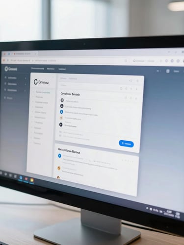 Close-up of a high-fidelity mobile app UI wireframe on a modern monitor screen in a bright Cotonou office, natural light, cool screen glow, professional tech aesthetic