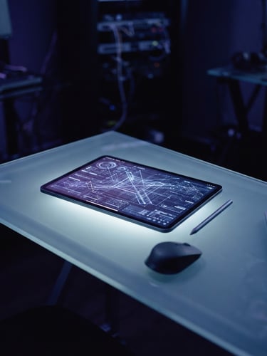 Medium close-up of a clean modern glass desk with a glowing tablet showing wireframes, dark moody studio lighting with subtle electric blue and violet backlights, 35mm lens
