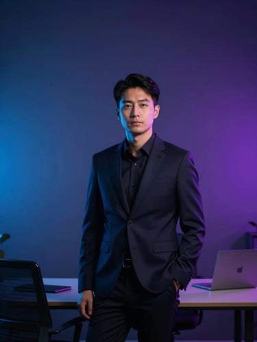 Professional portrait of a male business consultant in a modern dark-toned office, subtle electric blue and violet ambient backlights, clean minimalist composition, 35mm lens