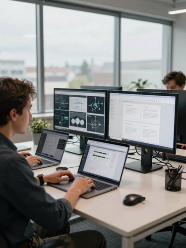 Environmental wide shot of a professional office workspace, two people collaborating over open laptops on a large table, screens showing design mockups and website wireframes, overcast daylight through large windows, clean and controlled lighting, no direct eye contact with camera