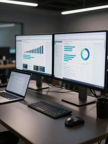 Wide environmental shot of a modern studio workspace, two large monitors displaying a website dashboard and analytics interface, overhead studio lighting casting clean shadows on a dark desk surface, laptop open to the left, no people visible, deep focus across all screens
