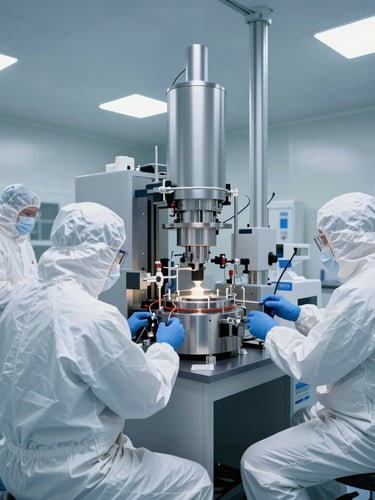 Wide-angle shot of a sterile laboratory cleanroom, technicians in full white PPE calibrating automated chemical synthesis reactors, cool blue and sterile white lighting.