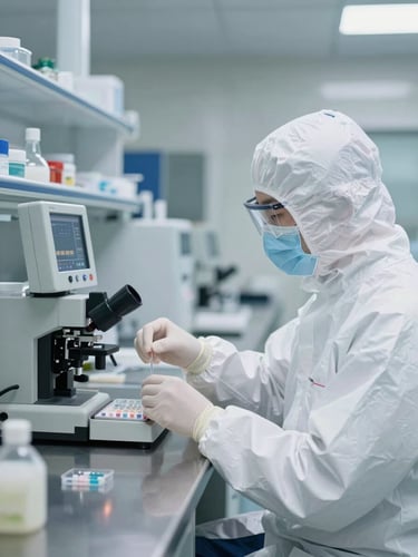 Laboratory technician in full cleanroom PPE analyzing samples at a stainless steel testing station, bright sterile laboratory lighting, sharp focus on the technical readouts.