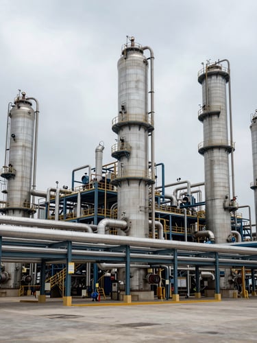 Wide-angle architectural view of a massive modern chemical plant, clean steel piping networks, overcast daylight, sterile industrial environment.