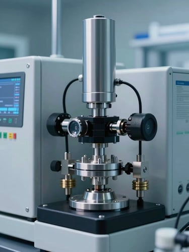 A close-up vertical shot of automated testing equipment in a sterile laboratory, cool blue and white lighting, steel valves and digital readouts visible.