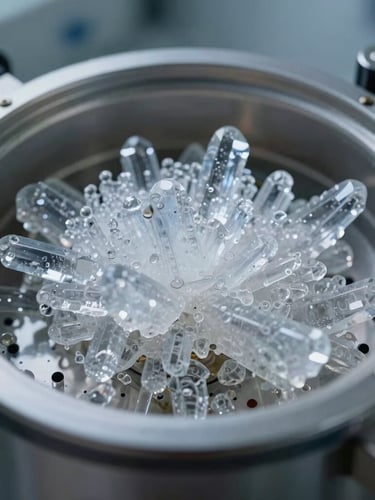 Extreme close-up of crystalline chemical structures inside a sterile laboratory reactor, cool bright lighting, high-contrast technical precision.