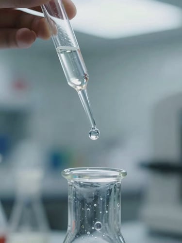 Macro close-up of liquid chemical structures being carefully combined in a sterile laboratory environment under overcast daylight.