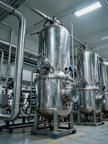 Wide-angle architectural view of a sterile chemical reactor facility with stainless steel piping networks under cool white laboratory lighting.