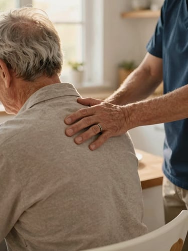 Golden hour light, close-up of a caregiver's hand gently resting on a senior man's shoulder as they sit at a kitchen table, warm pastel and navy tones.